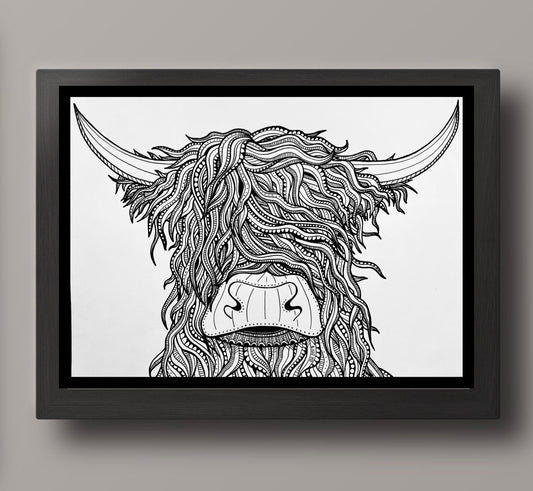 Hand drawn art print- A4. Highland Cow