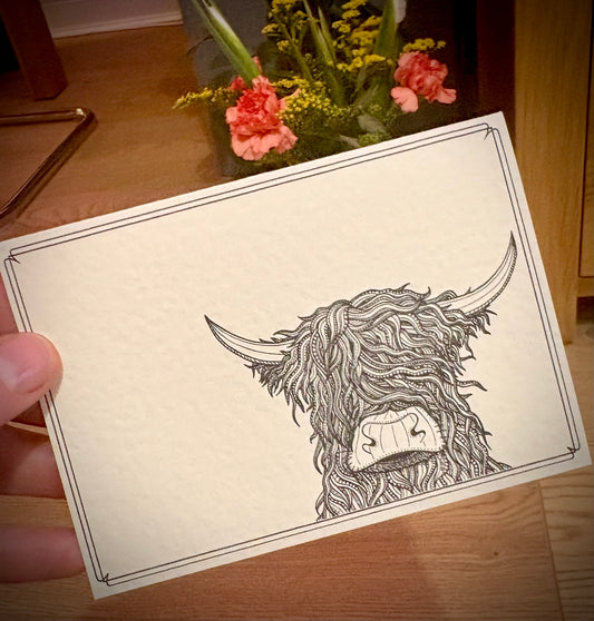 Hand drawn greeting card- Highland Cow