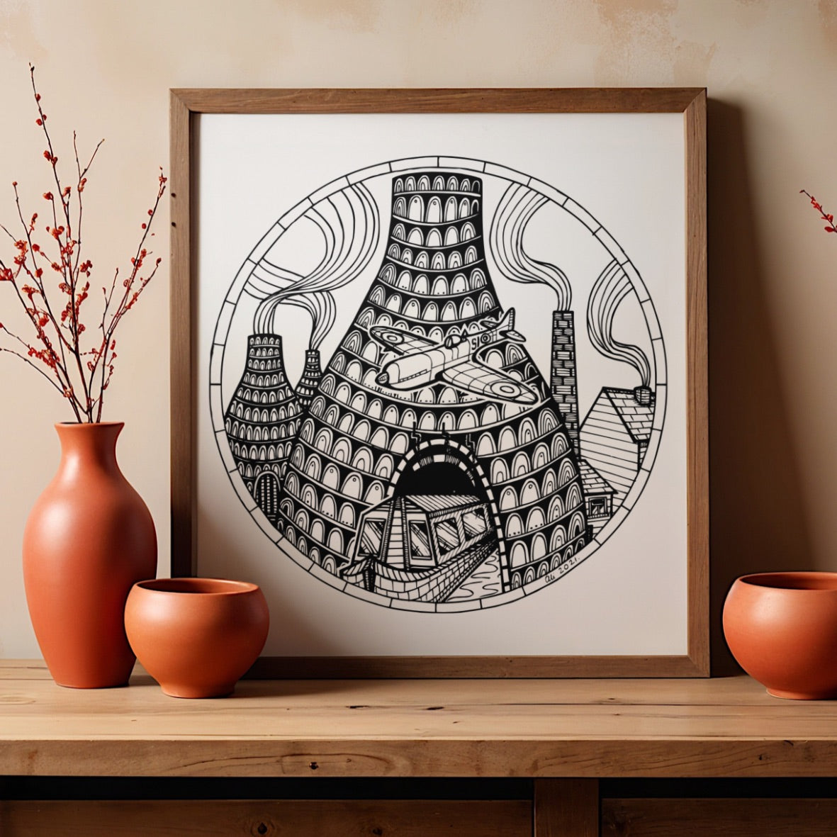 Bottle Kiln, Spitfire,Canal– Stoke Spitfire, Art Print