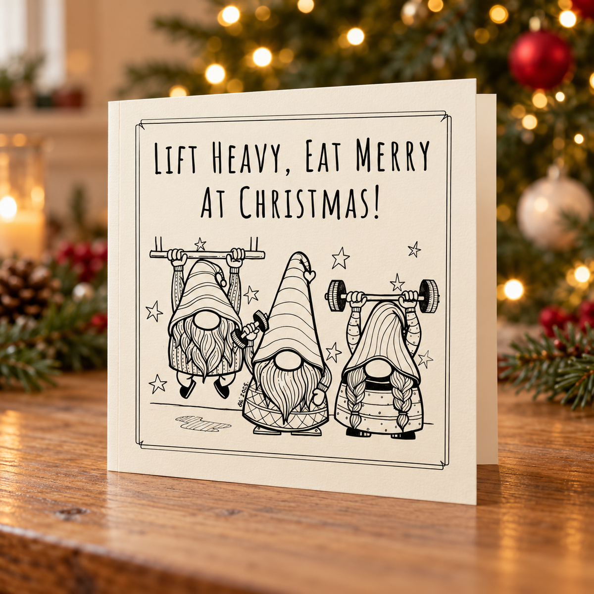 Weightlifting Gnomes. Christmas Card