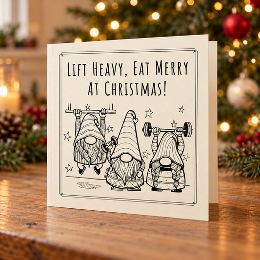 Weightlifting Gnomes. Christmas Card