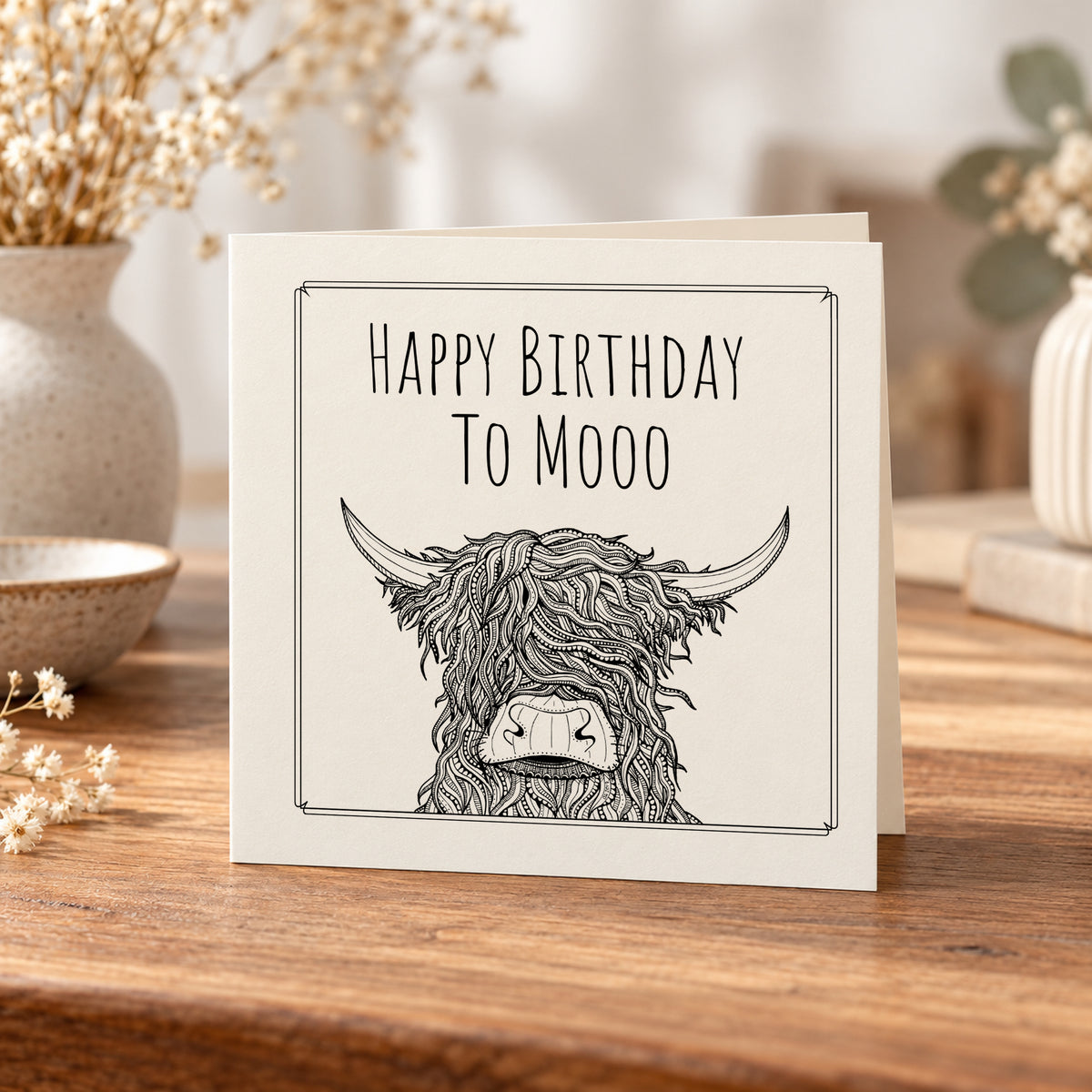 Happy Birthday to Moo Highland Cow Card – 5 × 5 Inch