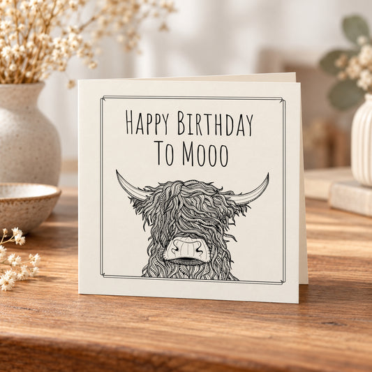 Happy Birthday to Moo Highland Cow Card – 5 × 5 Inch