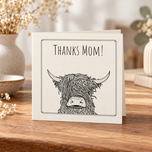 Thanks Mom Highland Cow Card – 5 × 5 Inch