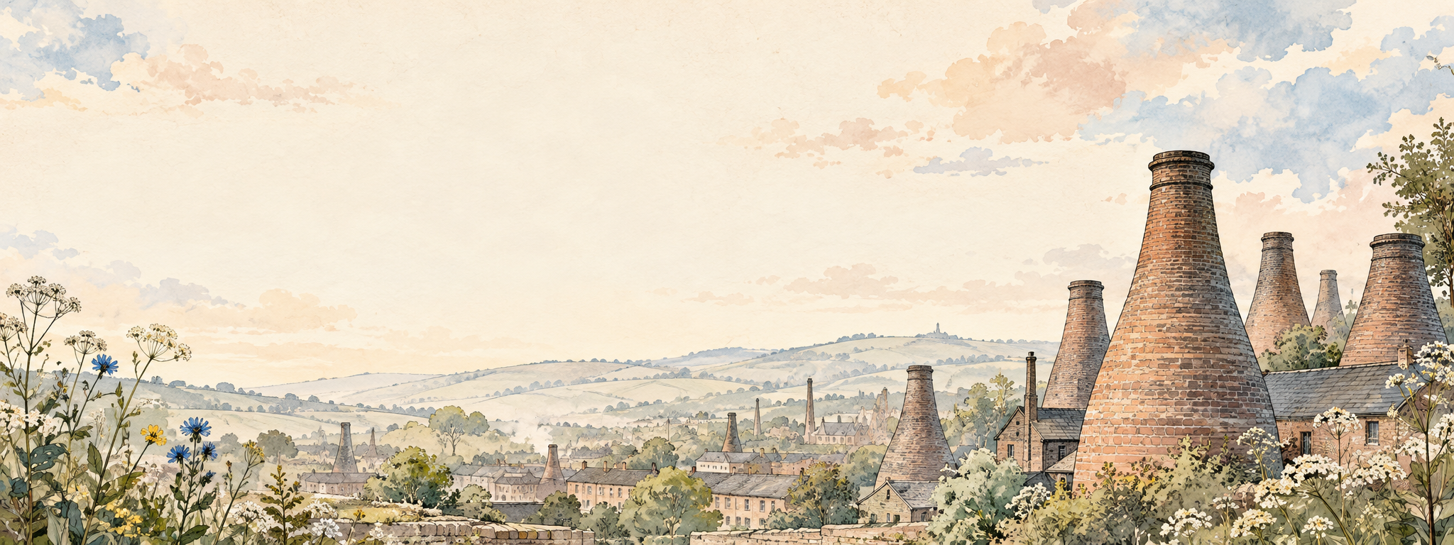 Illustrated Stoke-on-Trent skyline with Potteries bottle kilns
